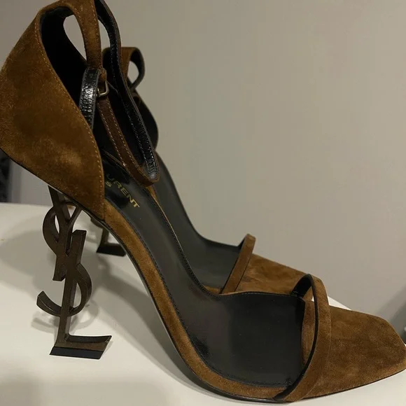 Saint Laurent Opyum Suede Logo Heel Sandals Brown 41.5 YSL Monogram Bronze - Picture 7 of 7